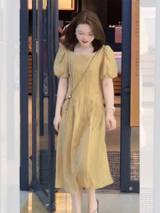 Elegant Casual Loose Solid Color Womens Dress Summer 2025 New French Style High Waist A-Line Skirt Bubble Sleeve Long Dress