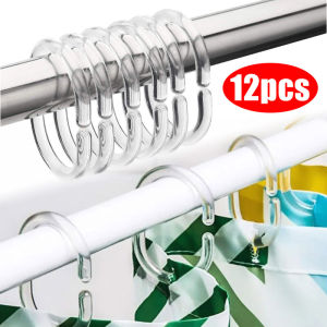 YESPERY 12Pcs Plastic C Shaped Shower Curtain Hooks Transparent C Type Hook Bathroom Shower Curtain Liner Hanger Drape Glide Ring