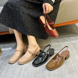 French Mary Jane Single Shoe Womens Sole Anti Slip Thick Heel Square Toe Shoes Red ﻿