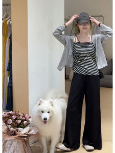 YUEZHONGWEI | Bộ đồ hai mảnh màu xám chống nắng mùa hè 2025 Áo len cardigan rộng rãi Quần ống rộng Bộ đồ hai mảnh thời trang cho nữ