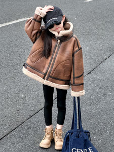 Girl Suede Leather Coat Autumn and Winter Clothing New Kids Fur Integrated Padded Top Girls Western Style Fleece Padded Coat