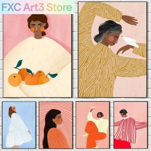 FramelessColourful Line Stripes Girls Art Poster Prints Abstract Woman Canvas Painting Minimal Portrait Wall Art Illustration H