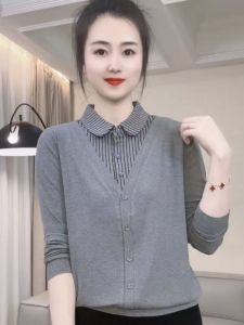 เสื้อเชิ้ตแขนยาวลำลองสำหรับผู้หญิง ทรงหลวม ปกโปโล กระดุมเดียว สีสันสดใส ฤดูใบไม้ผลิ 2025 เสื้อเชิ้ตแขนยาวลายทางบาง