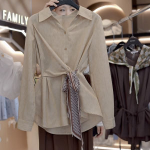 Shalldoer | เสื้อเชิ้ตคอโปโลแขนยาวผู้หญิงสไตล์ย้อนยุคหรูหรา ฤดูใบไม้ร่วง 2025 ดีไซน์ใหม่ ผ้าพันคอผูกเอว เสื้อผ้าทำงาน