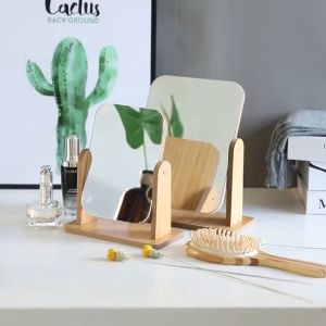 Cermin Meja Kayu Wooden Desk Mirror High-Definition Portable Foldable Dressing Make Up Mirror 360 Degree Swivel Minimalistic Table Mirror Cermin