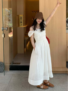 เรียบหรู ฝรั่งเศส สีขาว พลีท Bassamite Long เดรส หวาน เอว Cinching พรางหุ่น ปัก ฤดูร้อน เดรส แขนสั้น