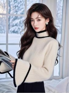 WANGGONGZHU | เสื้อสเวตเตอร์ถักคอสูงแบบสวมหัวสำหรับผู้หญิง ทรงเข้ารูป สไตล์เกาหลี แขนยาว ปกติ ฤดูใบไม้ร่วง/ฤดูหนาว เสื้อผ้าทำงาน