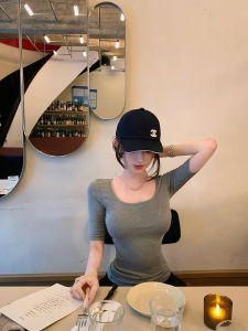 Sweet Cool Spicy Girl Ballet Feel Mid-Sleeve Womens T-Shirt Slim Fit U-Neck Design Summer New Style Waist Shaping Top