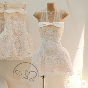 French Elegant Lace Patchwork Neckline Dress