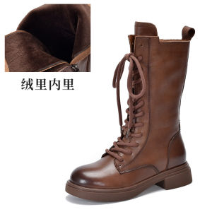Tian Ning Ge Winter Martin Boots Womens Fleece Lined Genuine Leather Chunky Heel Mid-Calf Side Zipper Boots Warm round Toe