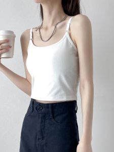 Womens Slim Fit Cotton Tank Top with Chest Pad Breathable Short Style Outwear Casual U-Neck Backless Design Fashionable