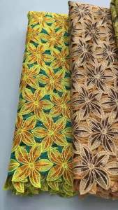 African Swiss Voile Lace Fabric - Orange Yellow Floral on Green Sheer Lightweight Mesh Cotton Lace For Bridal & Fashion Sewing