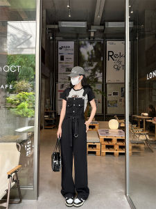 High Waist Denim Overalls Womens Spring Autumn Loose Student Anti-Wrinkle Black Wide Leg Jeans Style Ageless Small Size