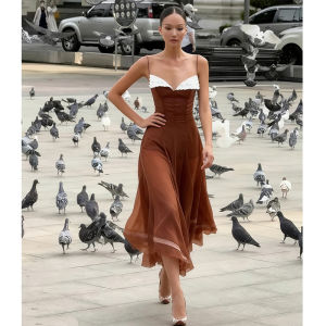 French Design Color Block Strap Dress