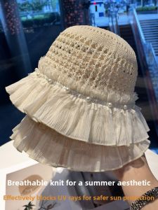French Lace Pearl Fisherman Hat Womens Summer Hollow Knitted Beach Sunshade Hat Outdoors Traveling Spring Autumn Season