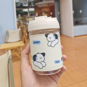 Portable Cute Student Straw Glass Water Bottle with Thermal Insulation Cover Dual Drinking Ports