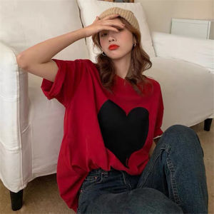plus Size 300 Pounds Summer 2024 Heart Print Short Sleeve T-Shirt Korean Style Slimming Versatile Red Top for Women