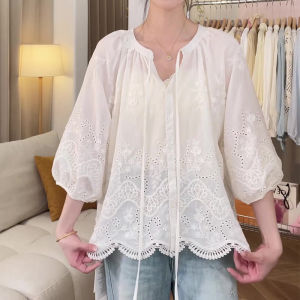 SHUAIYUE | Áo Blouse Thêu Ren Thời Trang Cột Trước