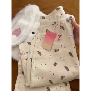 Quần Jeans Denim Ống Rộng Dài Đến Sàn Cạp Cao in Hình Gấu Mỹ Cho Nữ Quần Dài Thường Ngày Mùa Hè Quần Jeans Denim