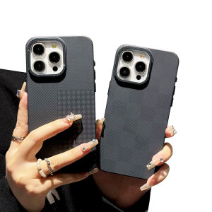 Thin Carbon Fiber Phone Case for iPhone 15 pro Max Black And Grey Plaid 14 pro Max Plastic 13 pro Metal Lens Protective Cover