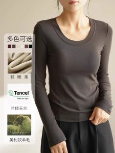 เสื้อยืดคอกลมแขนยาวผ้าไหมลินินผสมขนแกะสำหรับผู้หญิง เสื้อเชิ้ตทรงเข้ารูป ทรงปกติ ฤดูใบไม้ผลิและฤดูใบไม้ร่วง