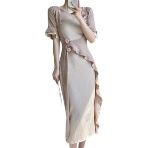 Impression Fashion Women French Fake 2pcs 3D Flower Boat Neck Ruffle Short Sleeve Tunic Bodycon 2 Layers Flounce Dress