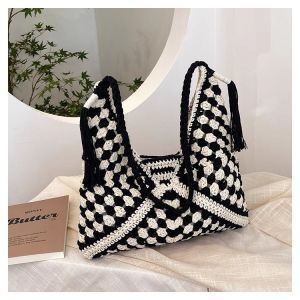 Fashionable Knitted Tote Bag Womens Shoulder Bag Handcrafted Basket Weave Large Capacity Casual British Style Leather Bag