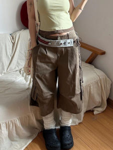 High Waist Denim Culottes for Women Loose Fit Distressed Multiple Pockets American Retro Workwear Casual Jeans