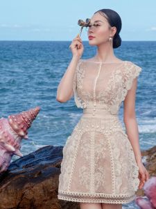 Elegant Princess Style Lace Dress with Embroidered Flowers High Waist Mesh Skirt Apricot Color Sweet Evening Gown for Women