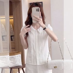 HUANJI | French Style White Collar Short Sleeve Blouse