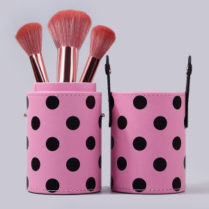 Hộp Đựng Cọ Trang Điểm Bằng Chất Liệu PU Màu Hồng Chấm Bi Dung Tích Lớn Di Động Hình Trụ Có Nắp Đậy
