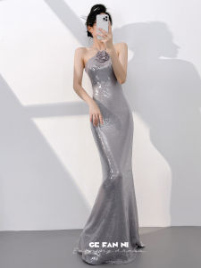 Elegant Formal Evening Dress Gray Fish Tail Sequin Gown