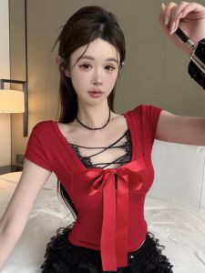 GUZILIAN | Pure Desire Butterfly Knot Lace Splice Slim Fit Short Sleeve V-Neck Womens T-Shirt Sensual Spicy Korean Style Commute Wind