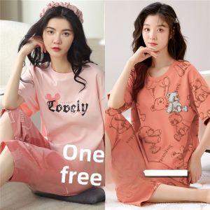 Summer Sleepwear Set for Women Loose Fit Short Sleeve Seven-Piece Pants Pure Cotton Casual Home Clothes Cartoon Cute Outerwear