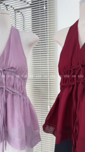 Đỏ đô/ Trắng/ Tím Vải tơ lưới kèm lót Áo cổ yếm eo bo chun đính nơ lưng hở quyến rũ nữ tính gợi cảm dễ thương năng động HALTER TOP
