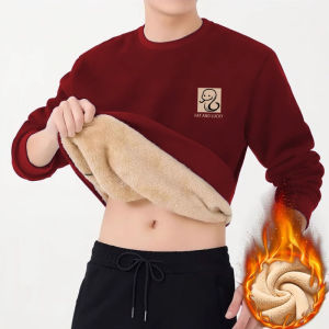 Lamb Velvet Hoodie Mens Oversize Warm Outerwear Winter Fashion Casual Loose Fit Long Sleeve round Neck Print T-Shirt