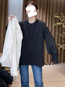 New Chinese Style Spliced Sleeve T-Shirt Lace Long Sleeve Womens Top Fashionable Versatile Cotton Blend Autumn Wear