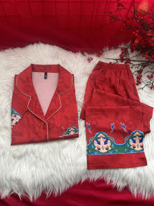 Red Dragon Year Ice Silk Sleepwear Womens Wedding Couple Set Festive Home Clothes Long Sleeve Long Pants Shirt Collar