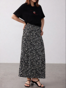 Ink Dyed Cherry Blossom Print Pleated Loose A-Line Slimming Midi Skirt