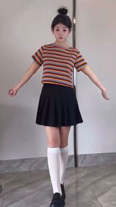 T shirt for women Rainbow striped T-shirt summer short sweet slimming top