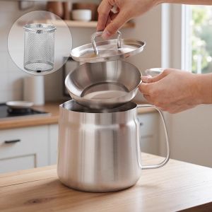2L Oil Filter Fry Basket Oil Storage Can Pot Stainless Steel Oil Strainer Pot with Fine Mesh Strainer Grease Container Kitch