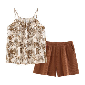 yuenei | Pure Cotton Summer Womens Sleepwear Set With Chest Pad Home Clothes Short Pants Vest Style Comfortable Breathable Soft Round Neck