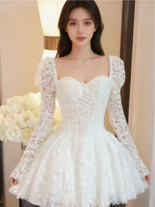 White Lace Embroidery Elegant Slim Waist Dress