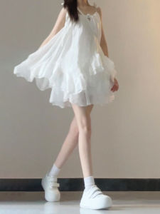 PEIZIXUAN | Elegant Summer French Style White Strap Dress for Small Stature Beach Vacation