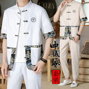 New Chinese Style Mens Short Sleeve T-Shirt Cotton Linen Style Set V-neck Ice Silk Breathable Summer Fashion