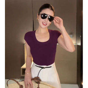 เสื้อยืดคอกลมแขนสั้นผู้หญิงสีม่วง ทรงสลิมฟิต ทรงเข้ารูป ดีไซน์เก๋ไก๋ เสื้อผ้าทำงานลำลอง ผ้าฝ้ายผสมโพลีเอสเตอร์