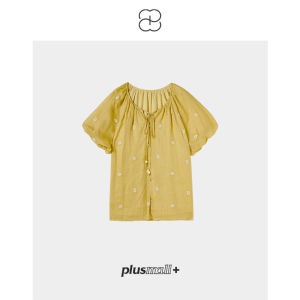 plusmall | Floral Linen Short Sleeve Shirt with Embroidery and Ruffled Sleeves