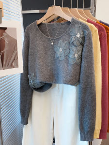 JIANDIYA | Áo Sweater Knit Dáng Rộng Cổ Tròn Thiết Kế Hoa 3D