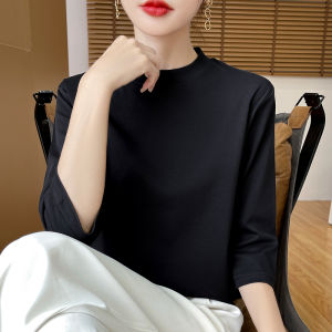 Pure Cotton Short Sleeve T-Shirt Womens Loose Semi-High Collar Spring Summer New Style Inner Wear Silk Luminous Cotton Base Top