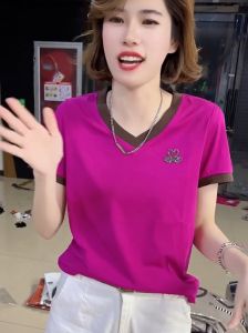 Black Swan Embroidered Oversize Womens T-shirt Summer V-neck Patchwork Work Clothing Thin Regular Sleeve Casual Wear